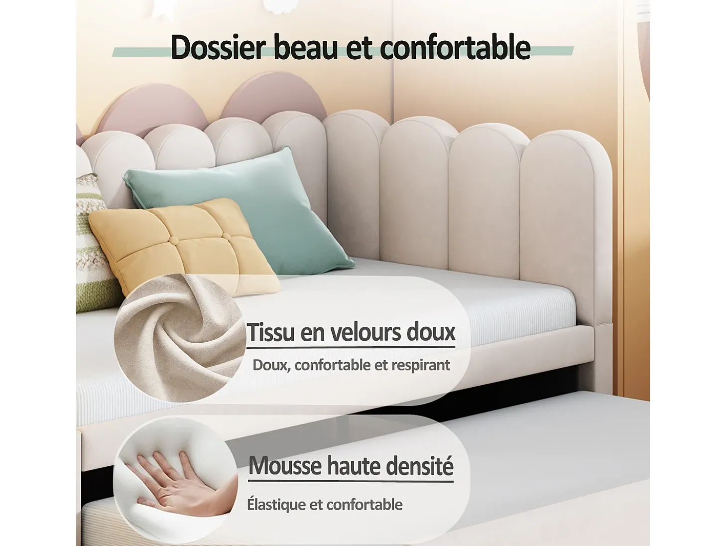 Sofá-cama infantil estofado 2 em 1 - 90/180 x 200 cm - em L - veludo + contraplacado + MDF - bege