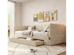 Sofá-cama infantil estofado - 90/180 x 200 cm - com 2 gavetas + porta USB - Chenille - bege