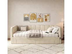 Sofá-cama infantil estofado - 90/180 x 200 cm - com 2 gavetas + porta USB - Chenille - bege