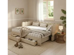 Sofá-cama infantil estofado - 90/180 x 200 cm - com 2 gavetas + porta USB - Chenille - bege