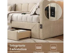 Sofá-cama infantil estofado - 90/180 x 200 cm - com 2 gavetas + porta USB - Chenille - bege