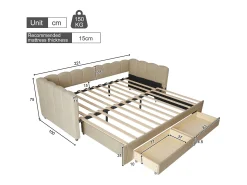 Sofá-cama infantil estofado - 90/180 x 200 cm - com 2 gavetas + porta USB - Chenille - bege