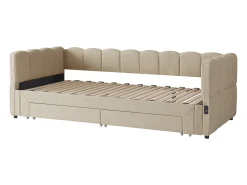 Sofá-cama infantil estofado - 90/180 x 200 cm - com 2 gavetas + porta USB - Chenille - bege