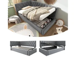 Sofá-cama infantil estofado - 90 x 190 cm - com armazenamento hidráulico - veludo - cinza