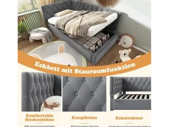 Sofá-cama infantil estofado - 90 x 190 cm - com armazenamento hidráulico - veludo - cinza