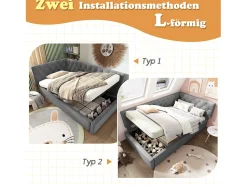 Sofá-cama infantil estofado - 90 x 190 cm - com armazenamento hidráulico - veludo - cinza