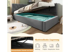 Sofá-cama infantil estofado - 90 x 190 cm - com armazenamento hidráulico - veludo - cinza