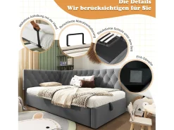 Sofá-cama infantil estofado - 90 x 190 cm - com armazenamento hidráulico - veludo - cinza