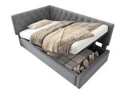 Sofá-cama infantil estofado - 90 x 190 cm - com armazenamento hidráulico - veludo - cinza
