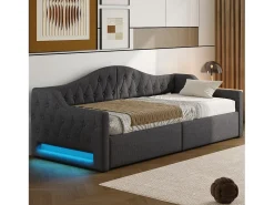 Sofá-cama infantil estofado - 90 x 200 cm - com espaço de armazenamento embaixo + LEDs - MDF - cinza
