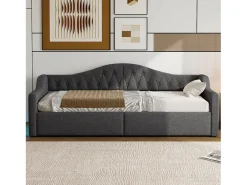 Sofá-cama infantil estofado - 90 x 200 cm - com espaço de armazenamento embaixo + LEDs - MDF - cinza