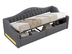 Sofá-cama infantil estofado - 90 x 200 cm - com espaço de armazenamento embaixo + LEDs - MDF - cinza