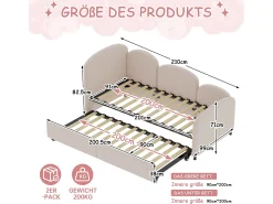 Sofá-cama infantil estofado - 90 x 200 cm - com gaveta de armazenamento - em veludo - rosa
