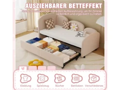 Sofá-cama infantil estofado - 90 x 200 cm - com gaveta de armazenamento - em veludo - rosa