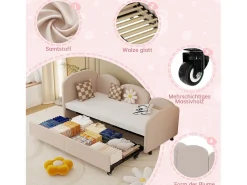 Sofá-cama infantil estofado - 90 x 200 cm - com gaveta de armazenamento - em veludo - rosa