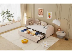 Sofá-cama infantil estofado - 90 x 200 cm - com gaveta de armazenamento - em veludo - rosa
