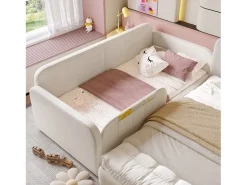 Sofá-cama infantil estofado - 90 x 200 cm - com 2 gavetas - veludo + MDF - branco