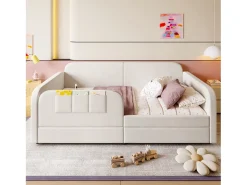 Sofá-cama infantil estofado - 90 x 200 cm - com 2 gavetas - veludo + MDF - branco
