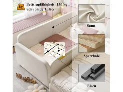 Sofá-cama infantil estofado - 90 x 200 cm - com 2 gavetas - veludo + MDF - branco