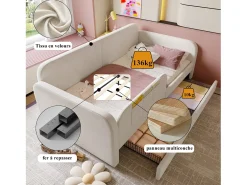 Sofá-cama infantil estofado - 90 x 200 cm - com 2 gavetas - veludo + MDF - branco