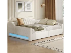 Sofá-cama infantil estofado - 140 x 200 cm - com espaço de armazenamento embaixo + LEDs - MDF - bege