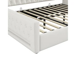 Sofá-cama infantil estofado - 140 x 200 cm - com espaço de armazenamento embaixo + LEDs - MDF - bege