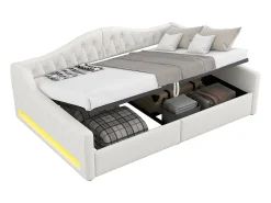 Sofá-cama infantil estofado - 140 x 200 cm - com espaço de armazenamento embaixo + LEDs - MDF - bege