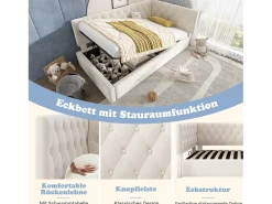 Sofá-cama infantil estofado - 90 x 190 cm - com armazenamento hidráulico - veludo - bege