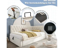 Sofá-cama infantil estofado - 90 x 190 cm - com armazenamento hidráulico - veludo - bege