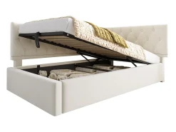 Sofá-cama infantil estofado - 90 x 190 cm - com armazenamento hidráulico - veludo - bege