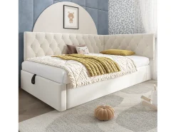 Sofá-cama infantil estofado - 90 x 190 cm - com armazenamento hidráulico - veludo - bege