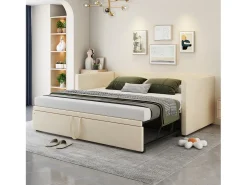 Sofá-cama infantil retrátil - 90/180 x 200 cm - com base de ripas - veludo - bege