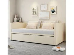 Sofá-cama infantil retrátil - 90/180 x 200 cm - com base de ripas - veludo - bege