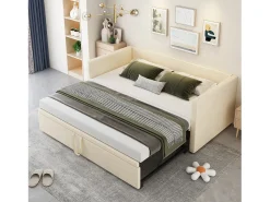 Sofá-cama infantil retrátil - 90/180 x 200 cm - com base de ripas - veludo - bege