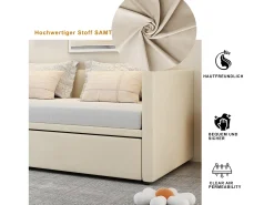 Sofá-cama infantil retrátil - 90/180 x 200 cm - com base de ripas - veludo - bege