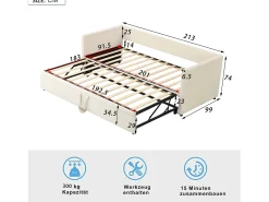 Sofá-cama infantil retrátil - 90/180 x 200 cm - com base de ripas - veludo - bege
