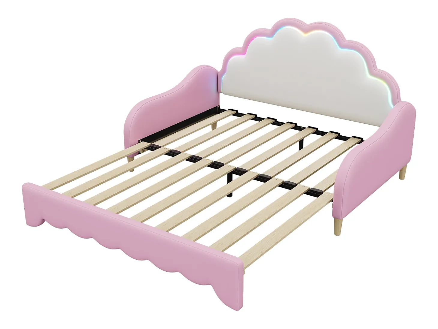 Sofá-cama infantil 140x200 cm conversível com luz LED, pele sintética rosa, sem colchão