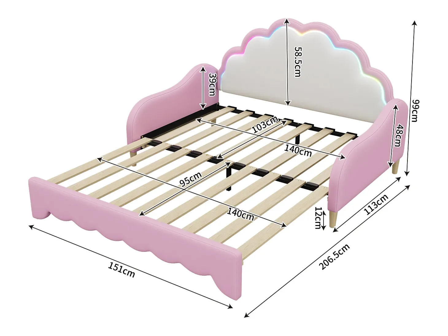 Sofá-cama infantil 140x200 cm conversível com luz LED, pele sintética rosa, sem colchão