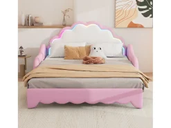 Sofá-cama infantil 140x200 cm conversível com luz LED, pele sintética rosa, sem colchão