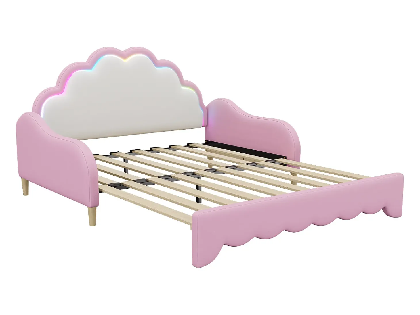Sofá-cama infantil 140x200 cm conversível com luz LED, pele sintética rosa, sem colchão