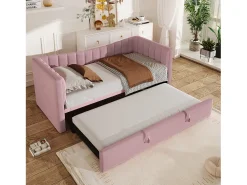 Sofá-cama infantil 90x200 cm conversível com cama ninho 90x190 cm, veludo rosa, sem colchão