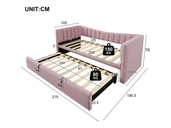 Sofá-cama infantil 90x200 cm conversível com cama ninho 90x190 cm, veludo rosa, sem colchão