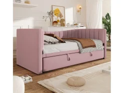 Sofá-cama infantil 90x200 cm conversível com cama ninho 90x190 cm, veludo rosa, sem colchão