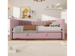 Sofá-cama infantil 90x200 cm conversível com cama ninho 90x190 cm, veludo rosa, sem colchão