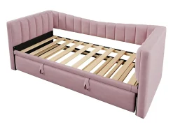 Sofá-cama infantil 90x200 cm conversível com cama ninho 90x190 cm, veludo rosa, sem colchão