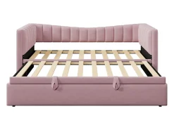 Sofá-cama infantil 90x200 cm conversível com cama ninho 90x190 cm, veludo rosa, sem colchão