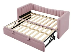 Sofá-cama infantil 90x200 cm conversível com cama ninho 90x190 cm, veludo rosa, sem colchão