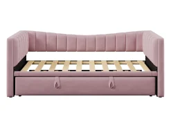 Sofá-cama infantil 90x200 cm conversível com cama ninho 90x190 cm, veludo rosa, sem colchão