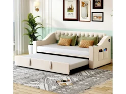 Sofá-cama infantil 90/180x190cm veludo bege conversível, com portas USB e tomada elétrica, sem colchão