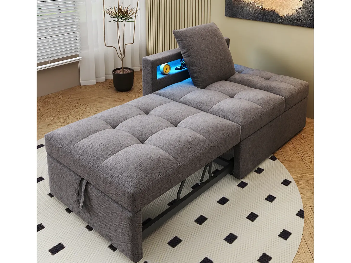 Sofá-cama multifuncional - encosto ajustável - braços com faixas luminosas LED - Porta USB/Type-C - Cinza Escuro